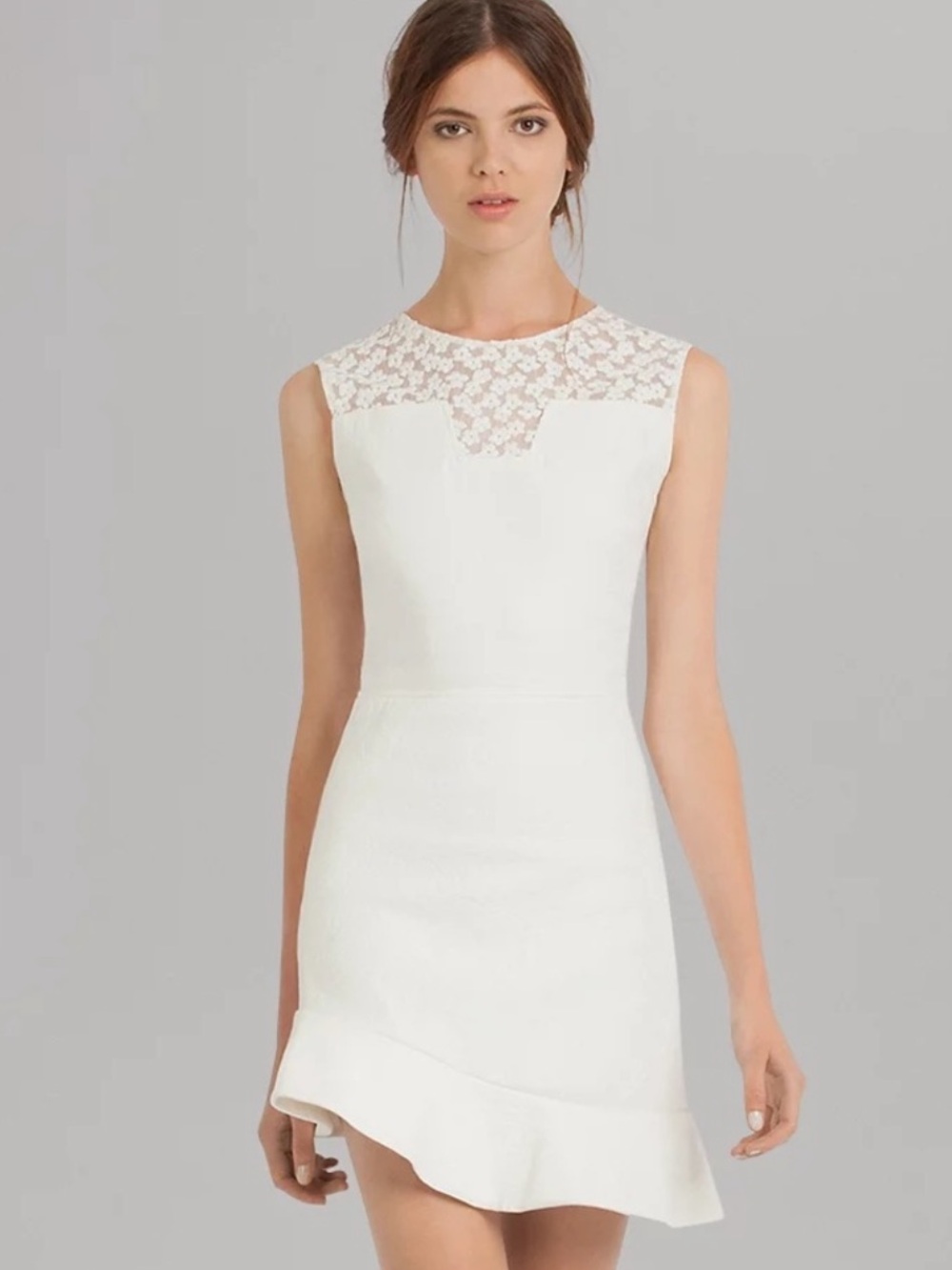Maje Sleeveless White Daisy Embroidered Lace Inset Assymetric Mini Dress Small